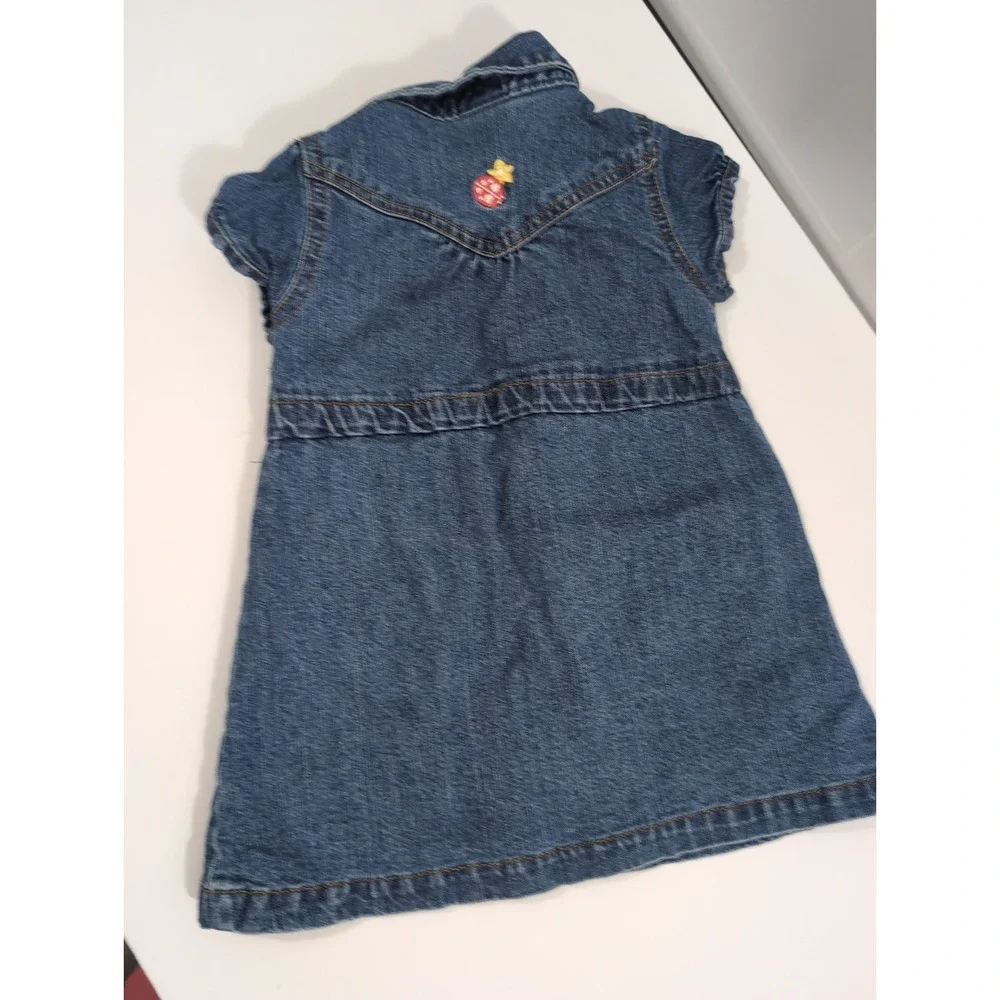 Vintage Y2K Girls Size 12 Mths Denim Blue Jumper Dress Ladybug Floral Embroidery